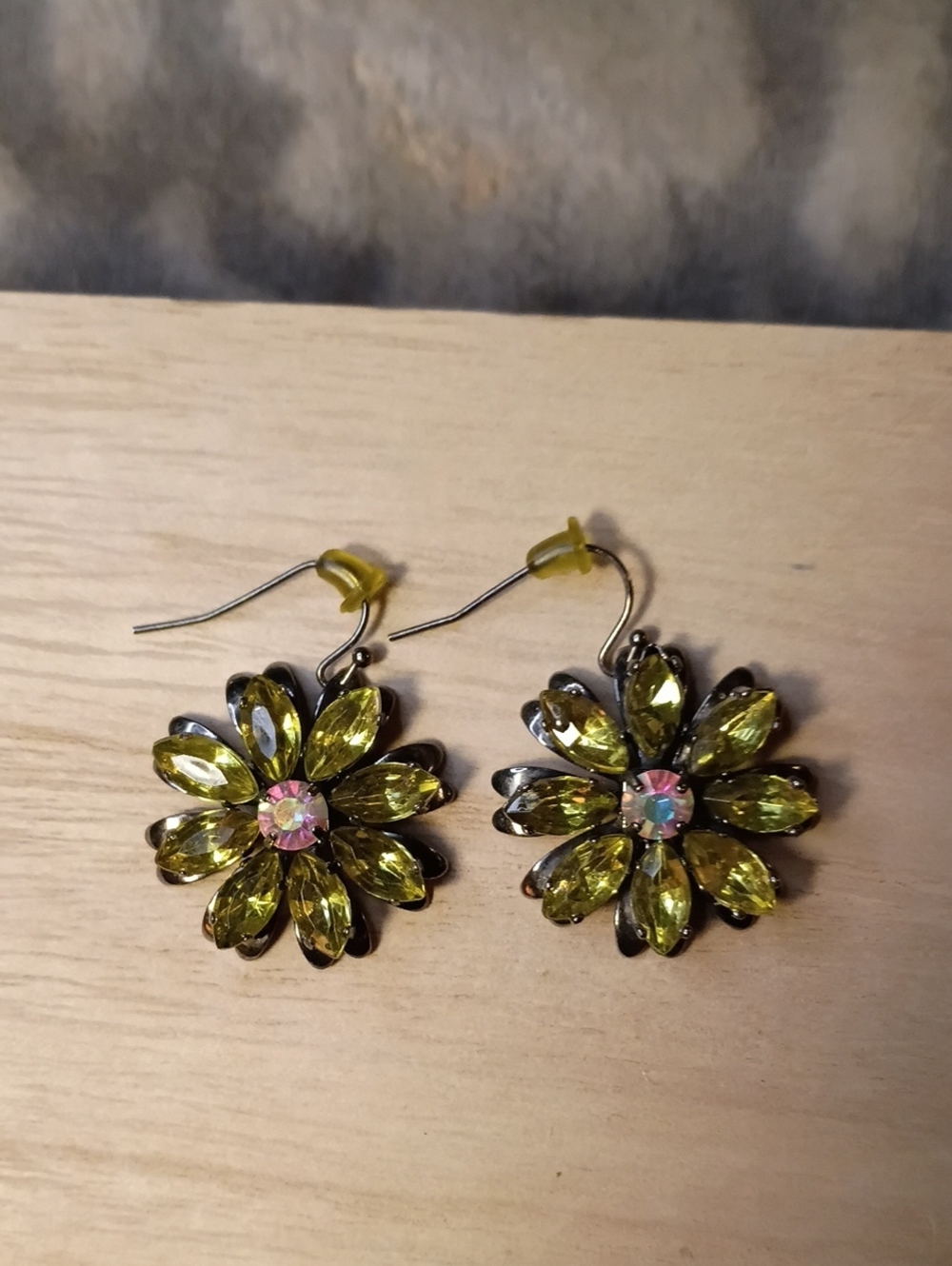 Green Crystal Flower Drop Earrings - Unbranded